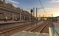 Animated road vehicles crossing the overbridge at Kawarada station where the Ishinden and Uchiike Lines join together, as the warmth of the rising sun adds ambience the scene. [Click to enlarge]